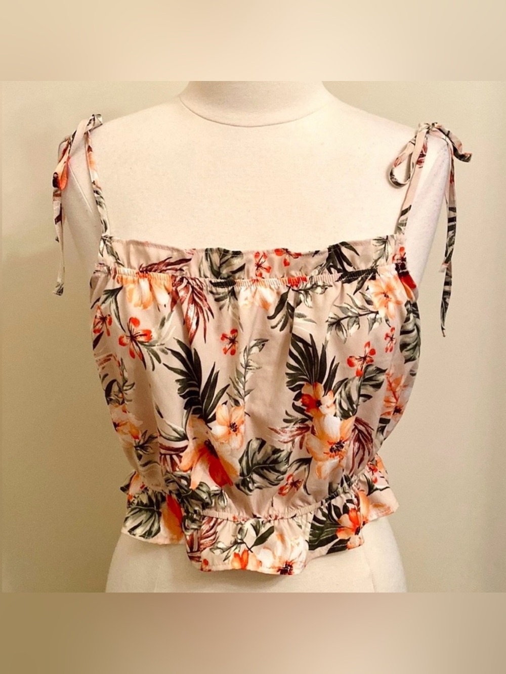 Paper Crane Pink Green Tropical Print SZ M Boho Chic Cottagecore Y2K Ruffled Top